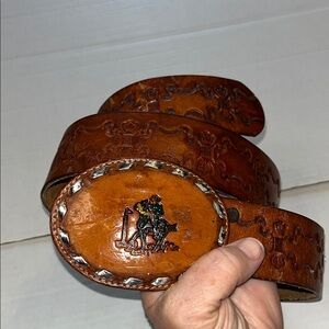 Wright-31-Brown Leather western cowboy tooled Embossed Design belt and buckle.